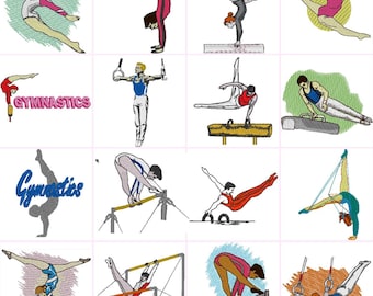 Gymnastiek sprongbeugels pommelringen vloermat digitale machineborduurbestanden Set van 16 Dst,Exp,Hus,Jef,Pes,Vip,Xxx . Past op een lijst van 4 x 4 inch
