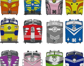Trein front spoorwegmotor digitale machine borduurbestanden Set van 12 Dst,Exp,Hus,Jef,Pes,Vip,Xxx. Past op een lijst van 4 x 4 inch (100 x 100 mm)