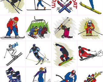 Skiing Winter Snow Ski Snowboarding Digital Embroidery Files Set of 16  Dst,Exp,Hus,Jef,Pes,Vip,Xxx . Fits 4 x4 Inch (100 x 100mm ) Frame