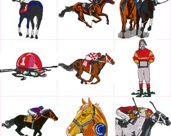 Digitale borduurbestanden paardenraces Set van 9 Dst,Exp,Hus,Jef,Pes,Vip,Xxx. Past op een lijst van 4 x 4 inch