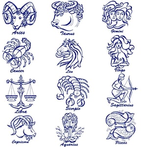 Peut inclure: Douze illustrations bleues de signes du zodiaque, chacune avec son symbole et son nom. Les signes incluent Bélier, Taureau, Gémeaux, Cancer, Lion, Vierge, Balance, Scorpion, Sagittaire, Capricorne, Verseau et Poissons. Thème céleste.
