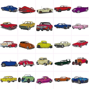 May include: A collection of 25 vintage car embroidery designs. The designs feature a variety of classic cars in different colors, including red, blue, green, yellow, and black.