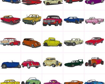 Cars Classic Old Vintage Digital Embroidery Files Set of 25 Dst,Exp,Hus,Jef,Pes,Vip,Xxx . Fits 4 x4 Inch Frame