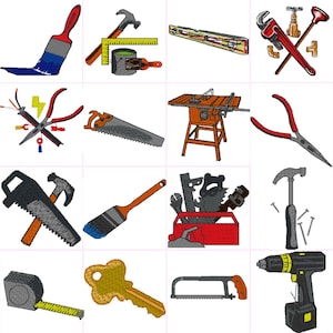 May include: A set of 12 colorful embroidery designs featuring various tools, including a paintbrush, hammer, saw, wrench, pliers, screwdriver, tape measure, level, and a toolbox. These designs are perfect for creating DIY-themed crafts, home decor, or apparel.