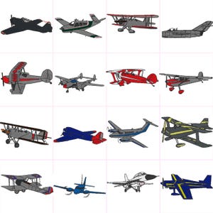 Puede incluir: Una colección de 12 diseños de aviones diferentes, incluyendo biplanos, aviones de hélice y aviones a reacción. Los aviones son todos de varios colores, incluyendo rojo, azul, amarillo y verde.