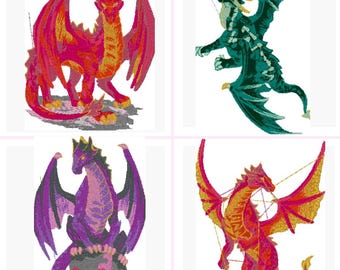 Dragons Magical Legendary Creatures Digital Machine Embroidery Files Set of 4 ( Set 2 ) Dst,Exp,Hus,Jef,Pes,Vip,Xxx . Fits 5 x 7  Inch Frame