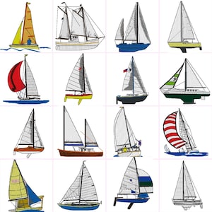 May include: A collection of 14 different sailboat illustrations. The sailboats are drawn in various styles and colors, including red, blue, green, yellow, and white.