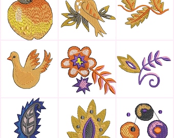 Autumn Colors Leaves Birds Acorns  Digital Machine Embroidery Files Set of 9 Dst,Exp,Hus,Jef,Pes,VP3,Xxx  Fits 4 x4 Inch (100 x 100mm) Frame
