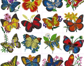 Vlinders op bloemen digitale borduurbestanden Set van 16 Dst,Exp,Hus,Jef,Pes,Vip,Xxx. Past op een lijst van 4 x 4 inch