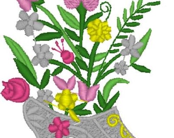 Bloemen in een schoenlaars borduurmachine Patroonontwerpbestand past op borduurring 4 x 4 inch (100 x 100 mm) Dst Exp Hus Jef Pes Vip Xxx