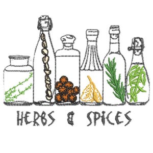 May include: Line drawing of six glass bottles filled with herbs and spices. The bottles contain various ingredients, including sprigs, peppercorns, and cloves. The words "HERBS & SPICES" are written below the bottles.