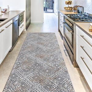 Machine Washable, Non Slip PVC Backing, Squars Pattern, Gray & Beige Runner Rug Mat for Entry Hallway Kitchen, 26 INCH X 6 FEET