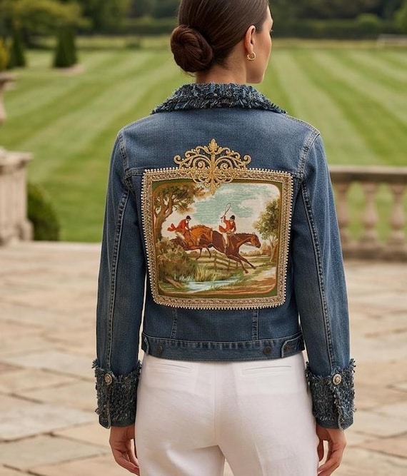 Equestrian Up cycled Denim Jacket, Horse with Tweed collar and cuff, M/L