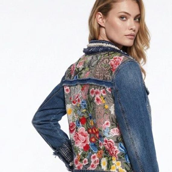Up cycle  Denim Jacket, Sheer Floral Inserts,  Tweed Collar & Cuff, Fits L