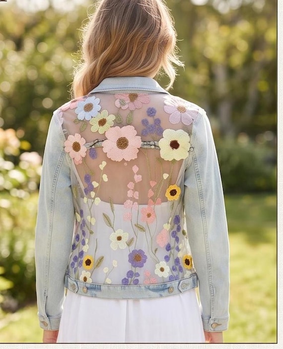 Statement Light Wash Denim Jacket with Floral Embroidered Mesh Back, Boho Chic,S