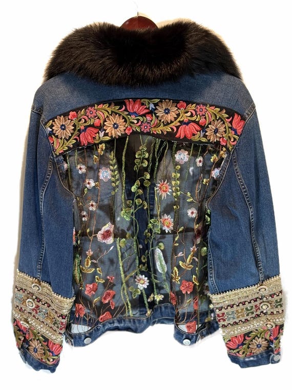 Boho Vibrant  Sheer Patchwork Embroidered Denim Jacket with Embellished Sleeves