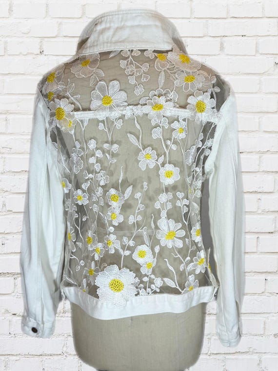 Oversized White Denim Jacket with sheer floral inserts and embellished cuff, bridal jacket, gift for her,