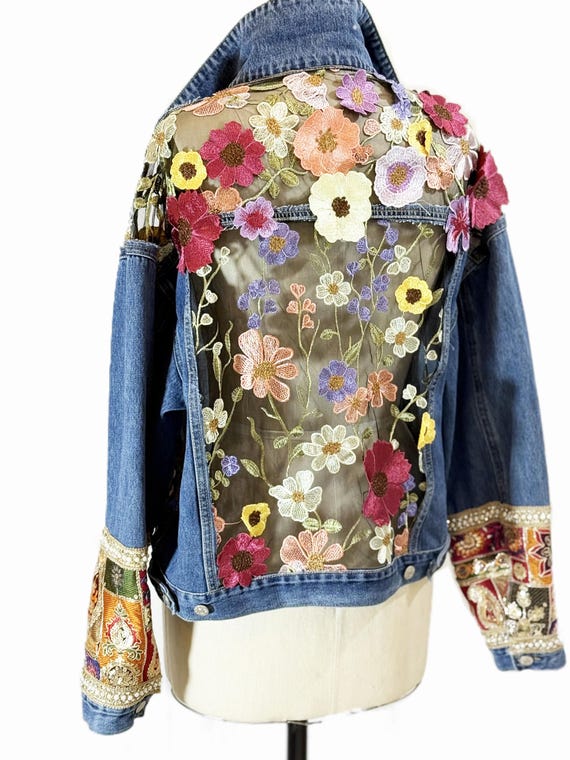 Boho  Chic Sheer Floral  embroidered  Denim Jacket, gift for her, Christmas gigt