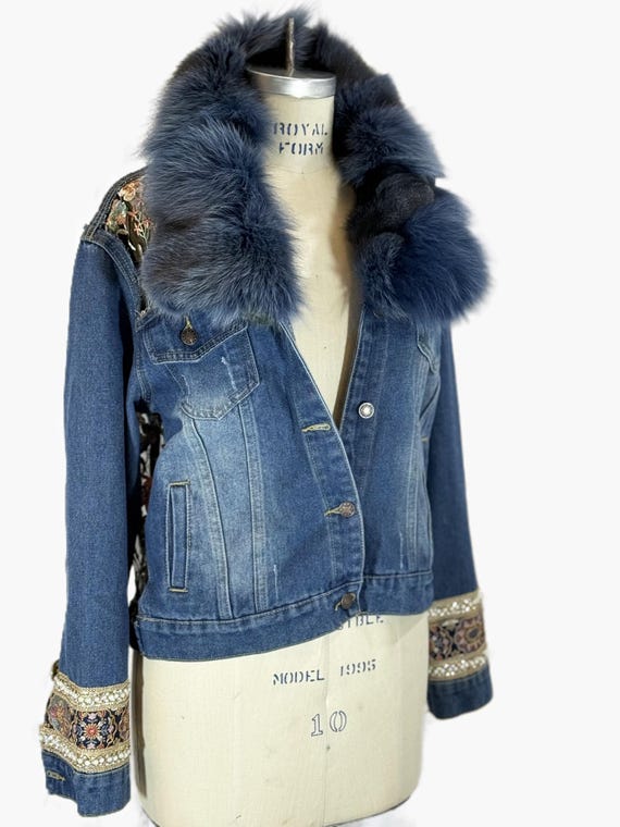 Upcycled Denim Jacket, Blue Fox Fur Collar, Embellished Cuff