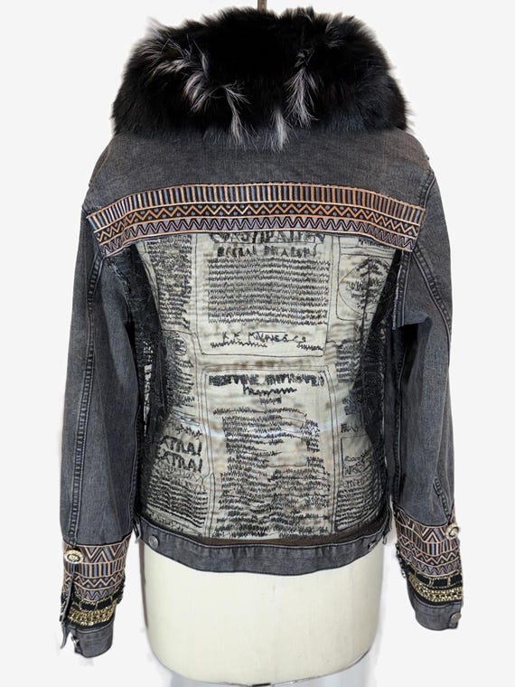 Upcycled Denim Jacket with Black Fox Fur Collar, Newspaper Back Detail