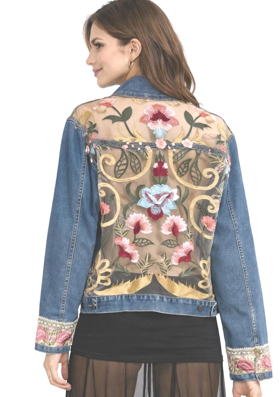 Floral Embroidered Denim Jacket, Upcycled Couture Statement Piece, Wearable Art Back