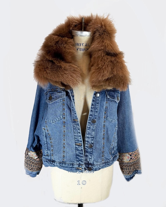 Relaxed  Up clycled denim jacket with camel  fox and mink  collar with embellished cuff