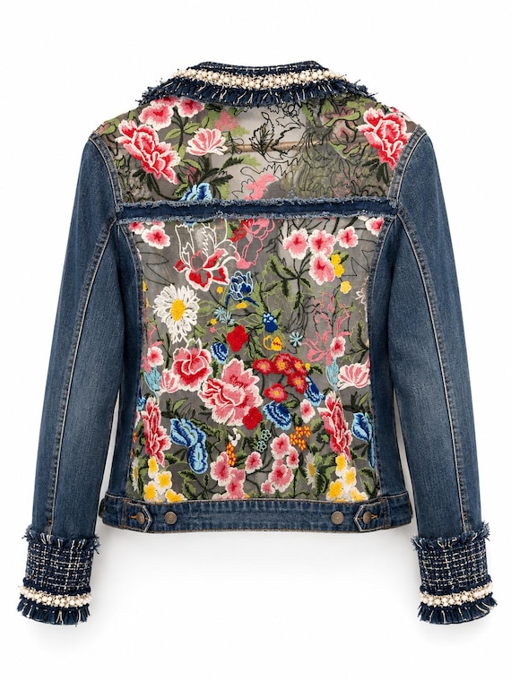 Up cycle  Denim Jacket, Sheer Floral Inserts,  Tweed Collar & Cuff, Fits L