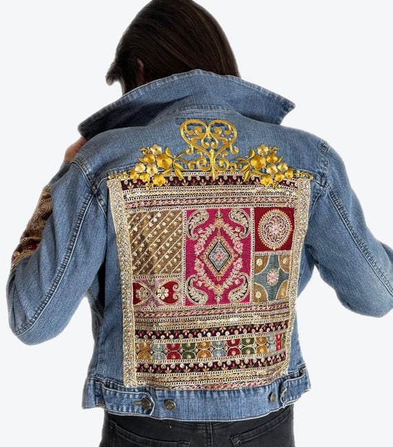 Up Cycled jeans jacket- Majestic design, Spring denim jacket