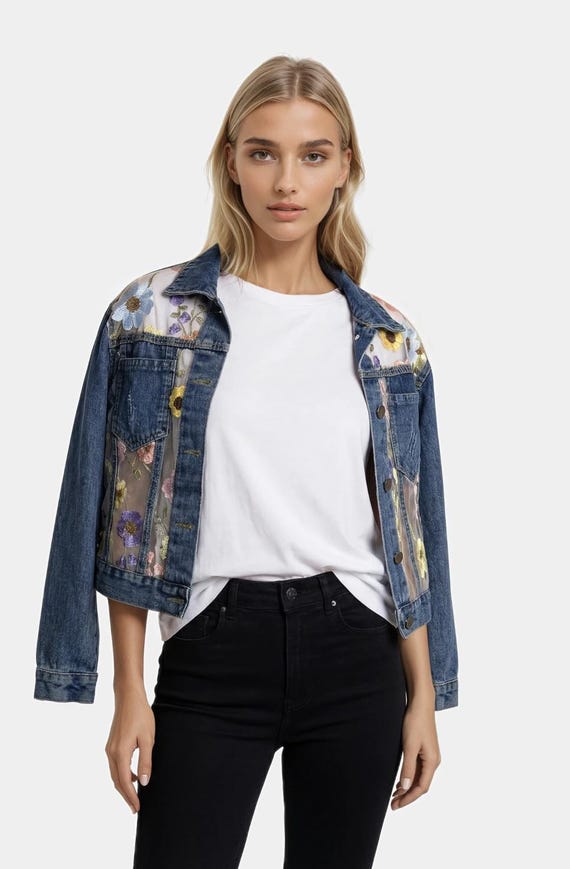 Boho Floral Lace Denim Crop Jacket, Oversized Pastel