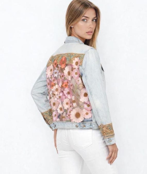 Floral Embroidered Upcycled Denim Jacket, Boho Couture Statement Back, Sustainable Fashion Piece
