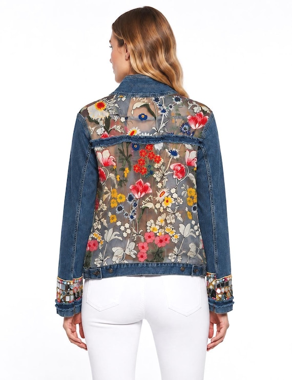 Oversized Upcycled Denim Jacket with Sheer Floral Embroidered,  One of kind Mesh Panel Jacket