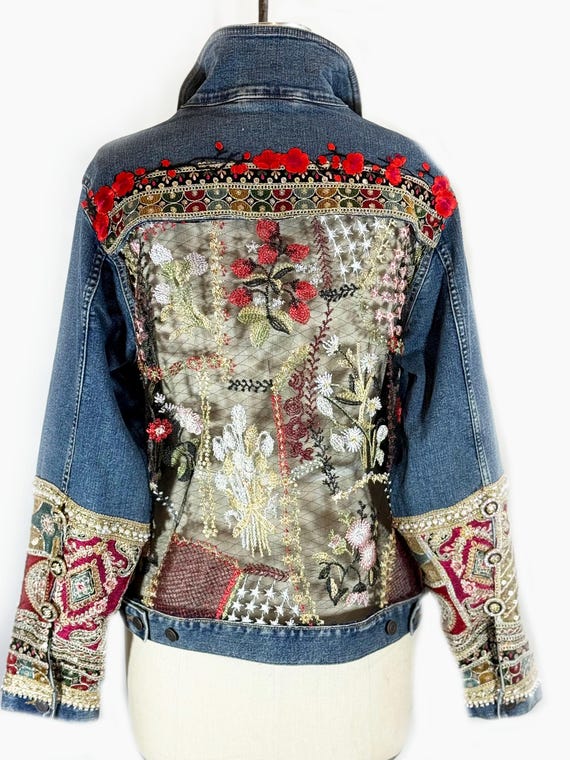 Boho Vibrant  Sheer Patchwork Embroidered Denim Jacket with Embellished Sleeves