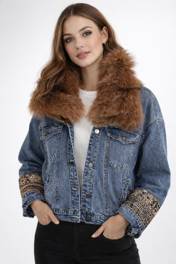 Relaxed  Up clycled denim jacket with camel  fox and mink  collar with embellished cuff