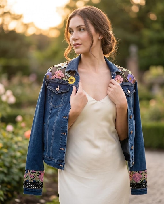 Upcycled Dark Denim Jacket with Sheer Floral Embroidered Mesh Back,Fits L/XL