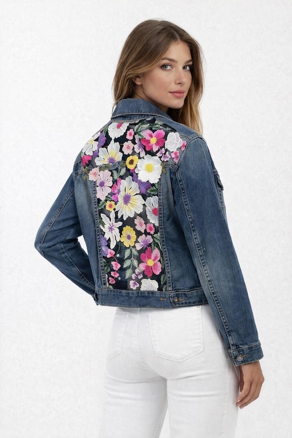 Boho Sheer Floral  Embroidered Denim Jacket, gift for her, mom’s gift