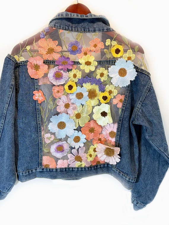 Boho Crop Oversized Pastel  Floral Lace Denim jacket, gift for her, Boho floral jacket