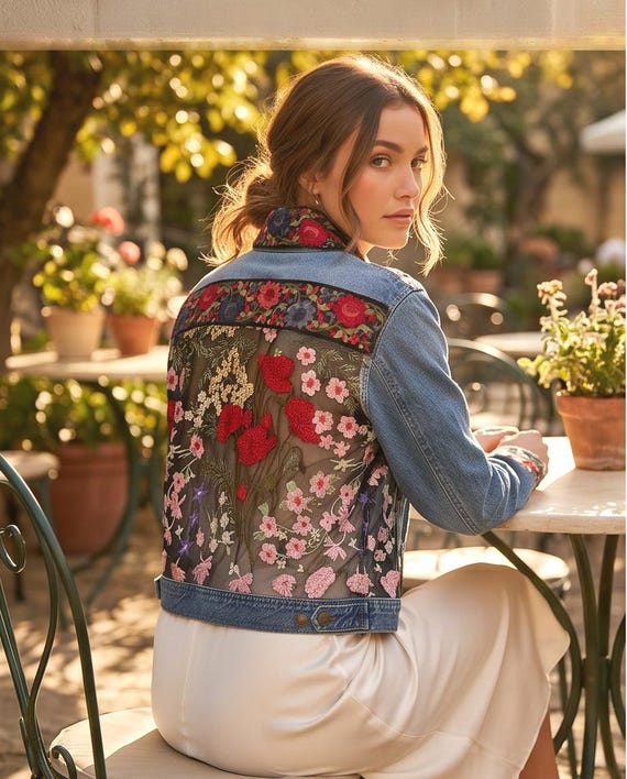 Embroidered Sheer Floral Denim Crop Jacket, Upcycled Vintage Style