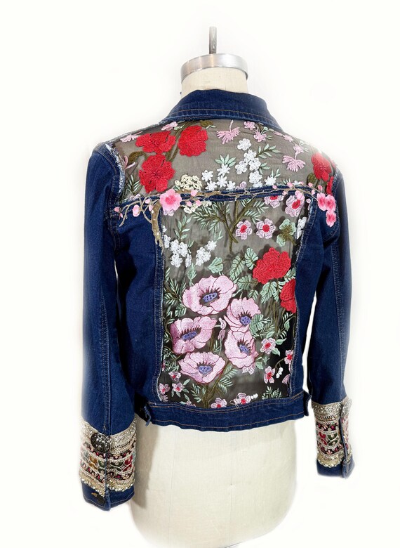 Boho Sheer Floral  Embroidered  Dark Denim Jacket, gift for her, mom’s gift