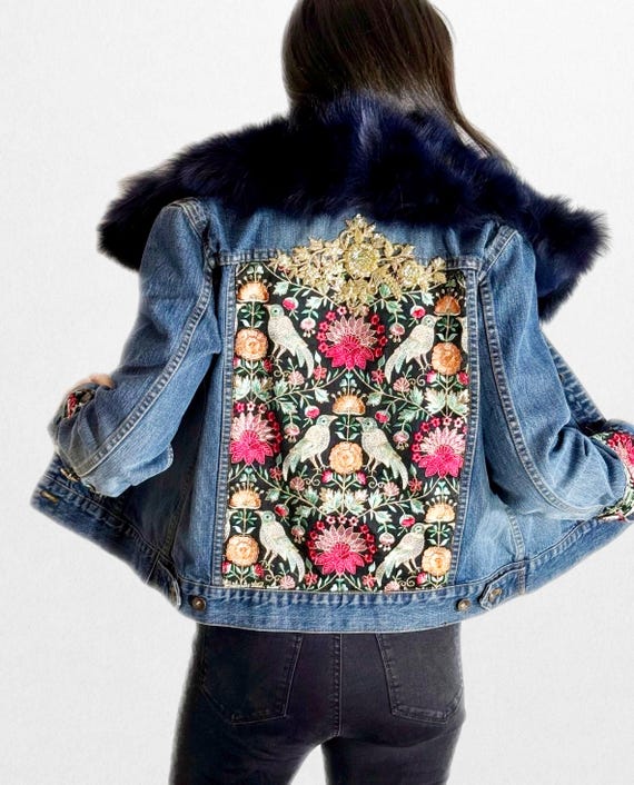 Women Up cycled  jeans jacket with embroidered bird motif inserts and navy blue fur collar