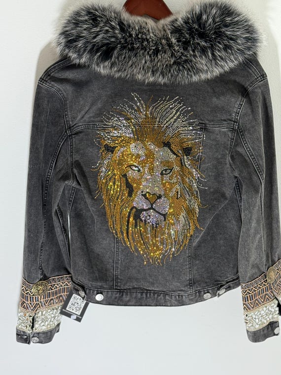 Upcycled Stone Washed Denim Jacket, Fox Fur Collar, Lion Rhinestone, M/L
