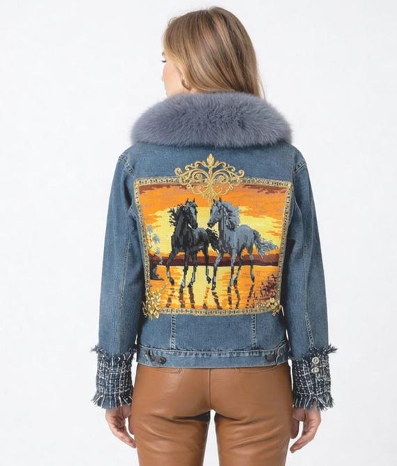 Embellished Denim Jacket, Horse Tapestry Back, Fur Collar, Western Luxe Statement Piece