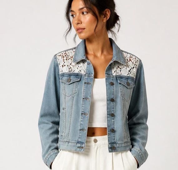 White Lace Denim Jacket, Floral Lace Back, Festival and Resort Wear, L