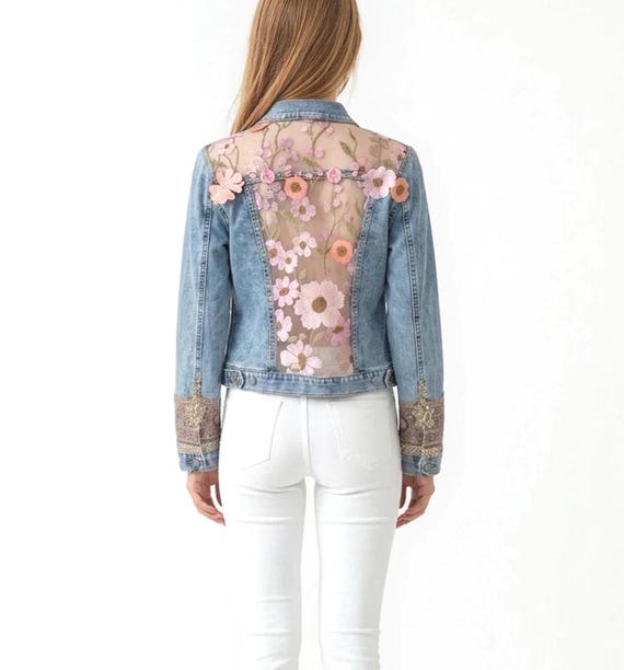 Upcycled Light Wash Denim Jacket, Embroidered Back Boho Chic, One of Kind Statement Piece