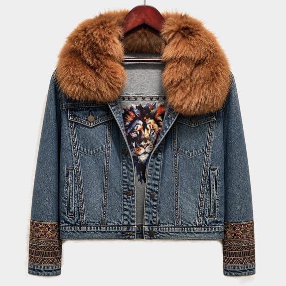 Relaxed  Up clycled denim jacket with camel  fox and mink  collar with embellished cuff