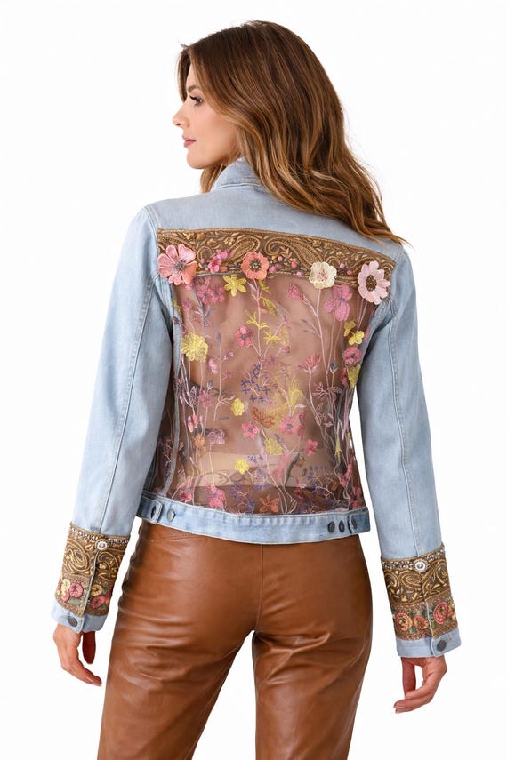 Upcycled Denim Jacket Sheer Floral Embroidered Back, Boho Chic Statement Piece