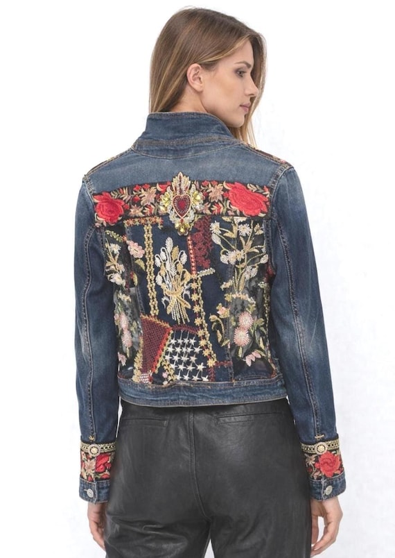 One of a Kind Upcycled Denim Jacket-Sacred Heart & Floral Embroidery Statement Jacket