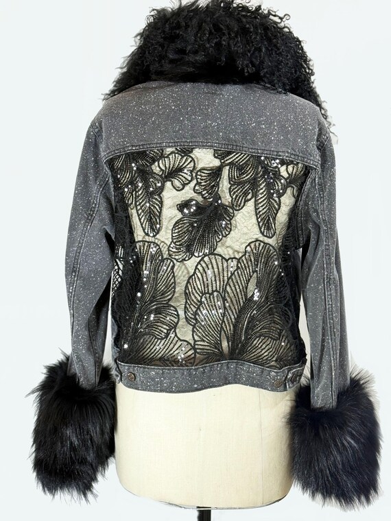 Upcycled Denim Jacket, Fox Collar, Lace Insert, Statement Piece