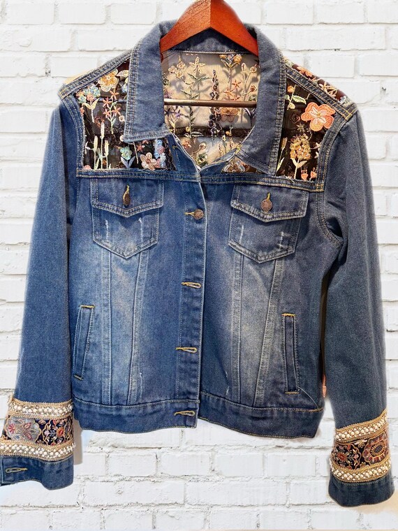 Blue Denim  jacket with Floral  inserts, summer jacket , gift for her