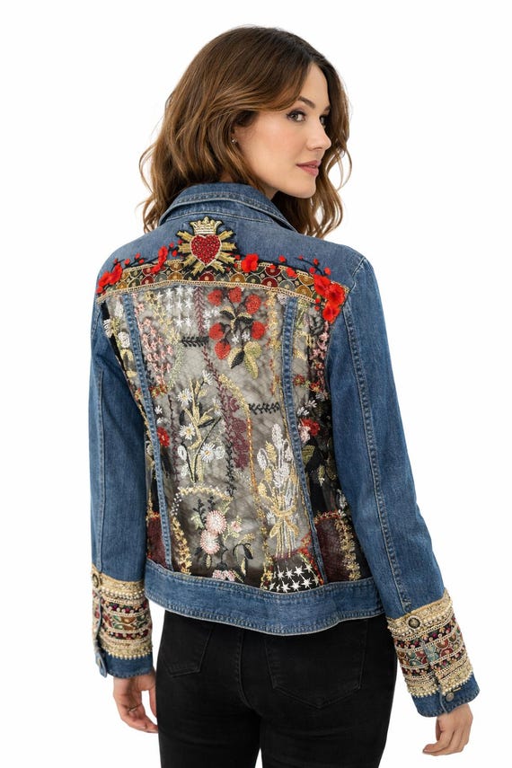Upcycled Denim Jacket, Embroidered Sheer Back, Sacred Heart Detail, Boho Luxe Statement Wear