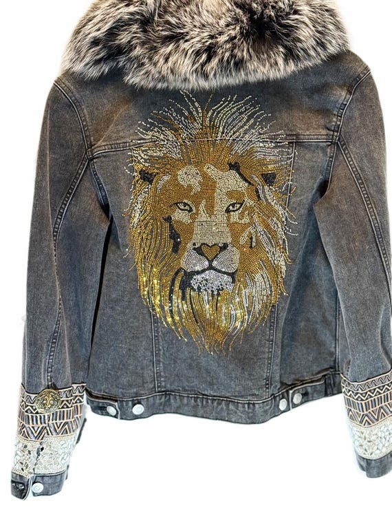 Upcycled Stone Washed Denim Jacket, Fox Fur Collar, Lion Rhinestone, M/L